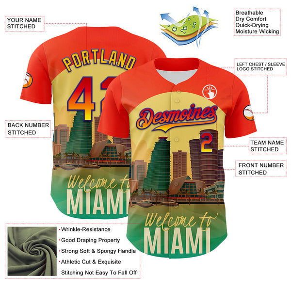 Maxcorners Custom Orange Green Yellow-Dark Purple 3D Pattern Design Gradient Miami Cityscape Sunset Premium Baseball Jersey LM0210