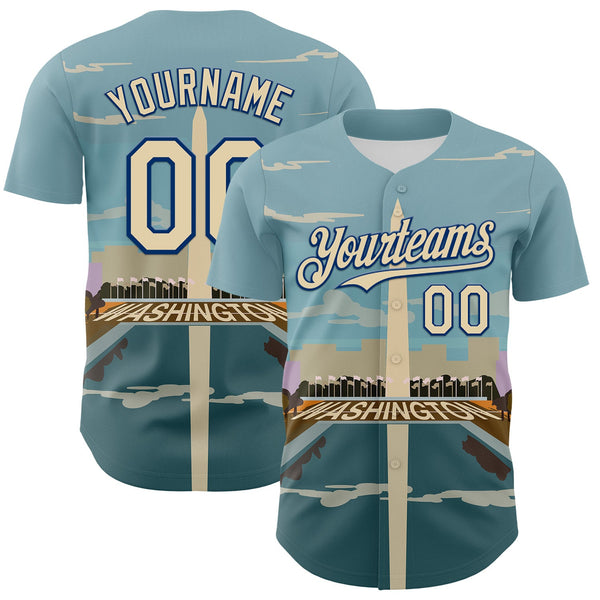 Maxcorners Custom Blue Cream-Royal 3D Pattern Design Washington Cityscape Skyline Premium Baseball Jersey LM0210