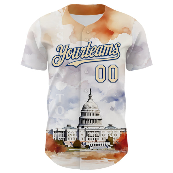 Maxcorners Custom White Cream-Royal 3D Pattern Design Washington Cityscape United States Capitol Premium Baseball Jersey LM0210