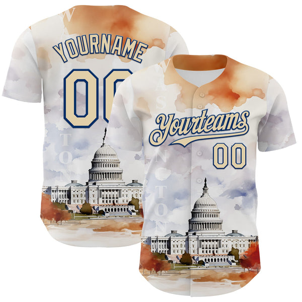 Maxcorners Custom White Cream-Royal 3D Pattern Design Washington Cityscape United States Capitol Premium Baseball Jersey LM0210