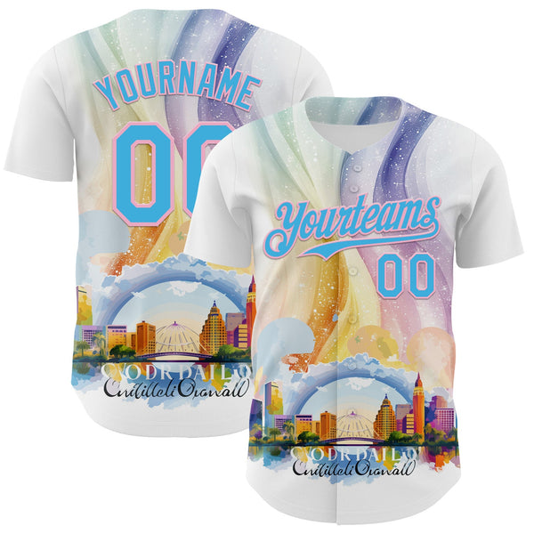 Maxcorners Custom White Sky Blue-Light Pink 3D Pattern Design Orlando Cityscape Skyline Premium Baseball Jersey LM0210
