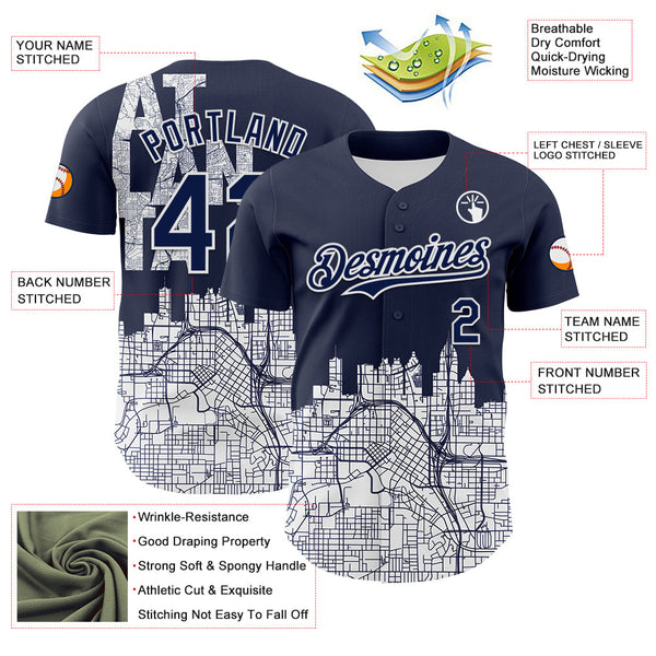 Maxcorners Custom Navy White 3D Pattern Design Atlanta Cityscape Urban Map Premium Baseball Jersey LM0210