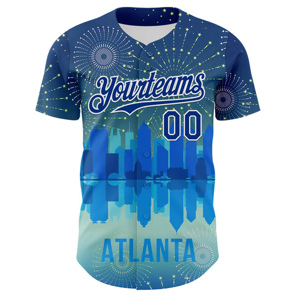 Maxcorners Custom Blue Royal-White 3D Pattern Design Atlanta Cityscape Fireworks Premium Baseball Jersey LM0210