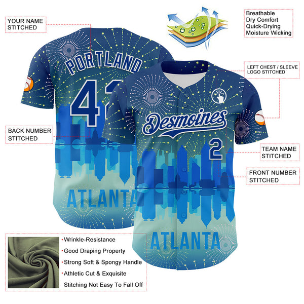 Maxcorners Custom Blue Royal-White 3D Pattern Design Atlanta Cityscape Fireworks Premium Baseball Jersey LM0210