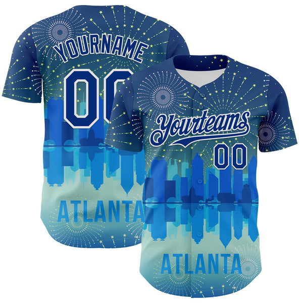 Maxcorners Custom Blue Royal-White 3D Pattern Design Atlanta Cityscape Fireworks Premium Baseball Jersey LM0210