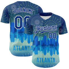 Maxcorners Custom Blue Royal-White 3D Pattern Design Atlanta Cityscape Fireworks Premium Baseball Jersey LM0210