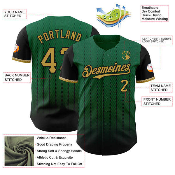 Maxcorners Custom Kelly Green Old Gold-Black 3D Pattern Design Gradient Geometric Shape Premium Baseball Jersey LM0210