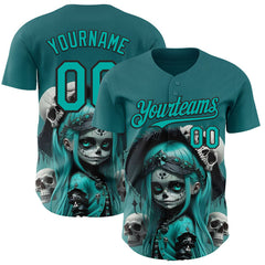 Maxcorners Custom Blue Aqua-Black 3D Halloween Spooky Skull Authentic Baseball Jersey
 LM0609