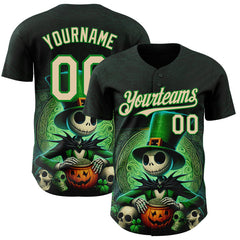 Maxcorners Custom Black City Cream-Grass Green 3D Halloween Spooky Pumpkin Authentic Baseball Jersey
 LM0609