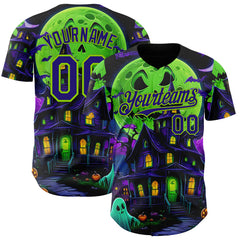 Maxcorners Custom Black Dark Purple-Neon Green 3D Halloween Spooky Pumpkin Bat Authentic Baseball Jersey LM0609
