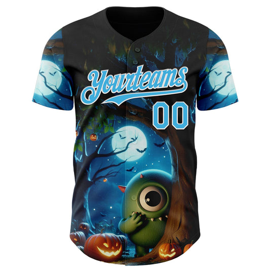 Maxcorners Custom Black Sky Blue-White 3D Halloween Spooky Pumpkin Authentic Baseball Jersey LM2605