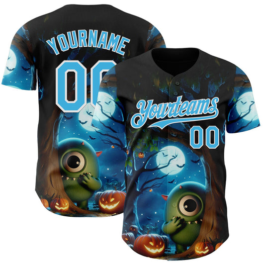 Maxcorners Custom Black Sky Blue-White 3D Halloween Spooky Pumpkin Authentic Baseball Jersey LM2605
