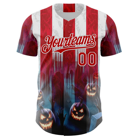 Maxcorners Custom Red Blue-White 3D Halloween Spooky Pumpkin Stripe Authentic Baseball Jersey LM2605