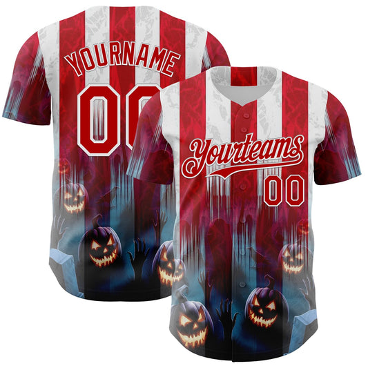 Maxcorners Custom Red Blue-White 3D Halloween Spooky Pumpkin Stripe Authentic Baseball Jersey LM2605