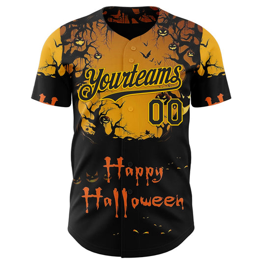 Maxcorners Custom Yellow Black 3D Halloween Spooky Pumpkin Authentic Baseball Jersey LM2605