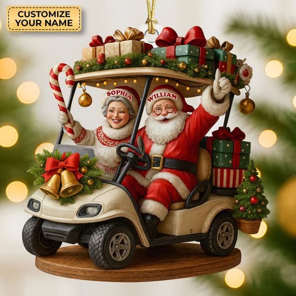 Maxcorners Happy Santa Old Couple On Golf Cart Acrylic Ornaments, Christmas Couple Ornament, Xmas Decorations
