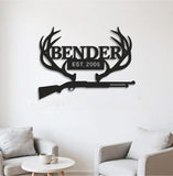 Maxcorners Personalized Metal Sign WITH LED/WITHOUT LED – Deer Antler Hunting Wall Decor with Rifle – Custom Rustic Cabin Sign for Hunters LM0110