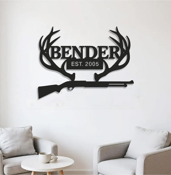 Maxcorners Personalized Metal Sign WITH LED/WITHOUT LED – Deer Antler Hunting Wall Decor with Rifle – Custom Rustic Cabin Sign for Hunters LM0110