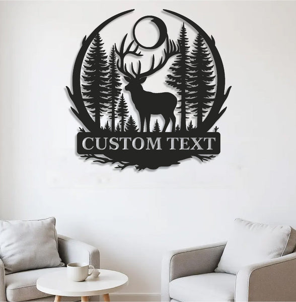 Maxcorners Personalized Metal Sign WITH LED/WITHOUT LED – Deer and Forest Silhouette Wall Art – Custom Rustic Cabin and Lodge Hunting Decor LM0110