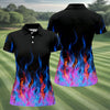 Maxcorners Black Blue Flame Fire Pattern Golf Shirt, Ladies Golf Shirts, Women’s Golf Apparel, Printed Golf Shirt LM1507