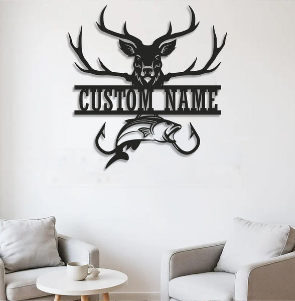 Maxcorners Personalized Deer & Fish Metal Sign WITH LED/WITHOUT LED Light Rustic Cabin Wall Decor Hunter Fisher Gift LM0110