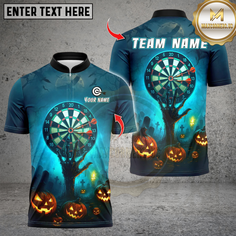 Maxcorners Personalized Name Dart Polo Shirt, Halloween Pumpkin Graveyard With Dartboard Design ,Custom Team Shirt for Men, Gift for Darts Players
