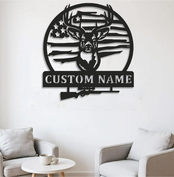 Maxcorners Personalized Deer Hunting Metal Sign WITH LED/WITHOUT LED, Rustic Buck Wall Art with American Flag, Cabin & Lodge Decor for Hunters LM0110