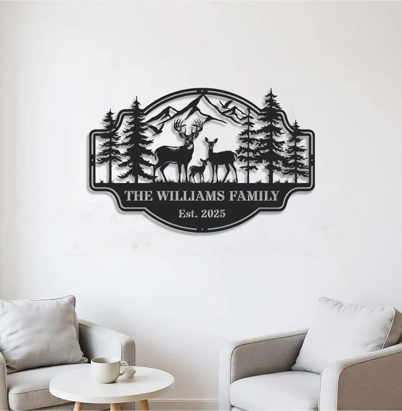 Maxcorners Personalized Deer Family Metal Sign WITH LED/WITHOUT LED - Rustic Cabin Wall Decor, Custom Name Hunting Lodge Sign LM0110
