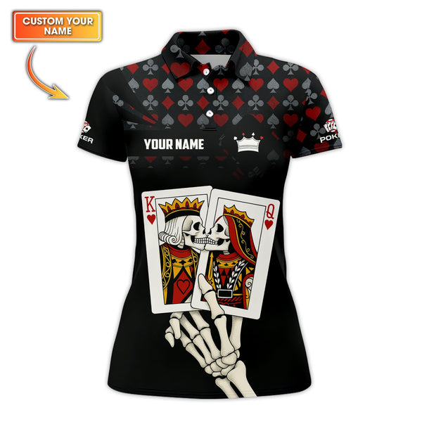 Custom Funny Skeleton Poker Shirt, King & Queen Playing Card Polos, Gifts For Poker Players