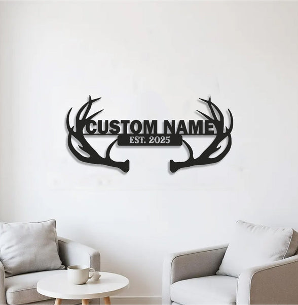 Maxcorners Personalized Deer Antler Metal Sign WITH LED/WITHOUT LED - Rustic Cabin Name Sign, Hunter Lodge Established Wall Art LM0110