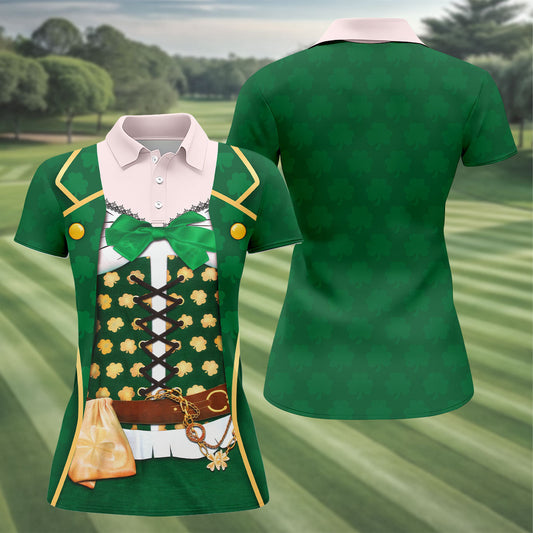 Maxcorners St Patrick's Day Green Leprechaun Costume Print Golf Shirt, Ladies Golf Polos, Golf Shirt For Women
