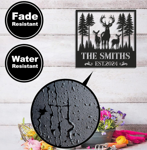 Maxcorners Personalized Deer Family Metal Sign WITH LED/WITHOUT LED, Rustic Cabin Wall Decor, Wildlife Hunting Lodge Name Sign LM0110