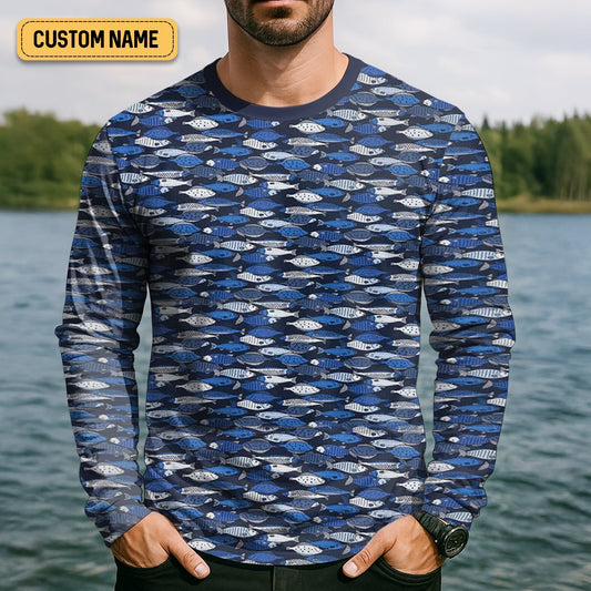 Maxcorners Blue Fish Pattern Performance Fishing Shirts, SPF Shirt For Men, Hooded Fishing Shirt, Fishing Shirts For Men