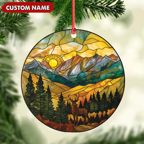 Maxcorners Personalized Deer Stained Glass Acrylic Ornament – Mountain Sunrise Christmas Tree Decoration Gift LM0411