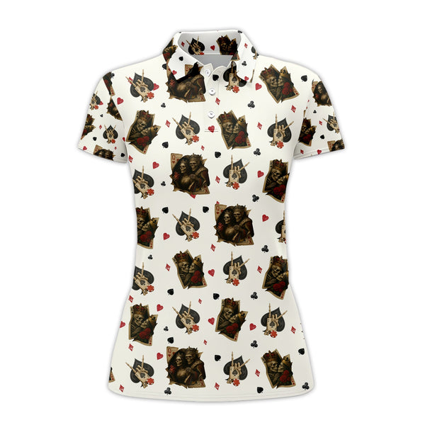 Funny Poker Playing Card Shirts For Men, Skull King & Card Suits Pattern Polos, Funny Poker Shirt
