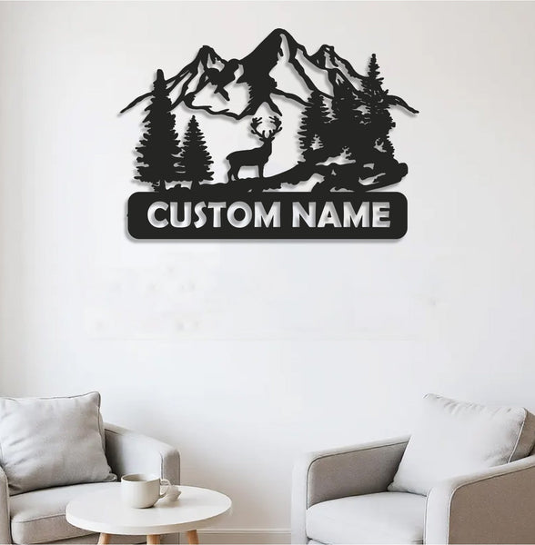 Maxcorners Personalized Deer Metal Sign WITH LED/WITHOUT LED - Mountain Cabin Name Sign, Rustic Wildlife Wall Art for Lodge & Outdoor Decor LM0110