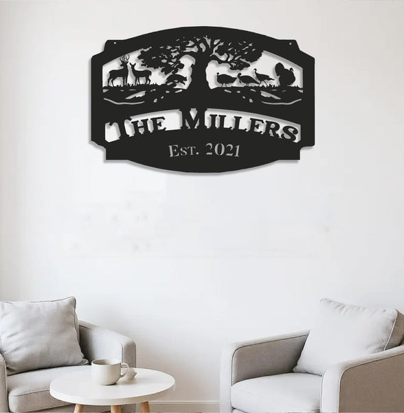 Maxcorners Personalized Hunting Metal Sign WITH LED/WITHOUT LED Light Deer Turkey Scene Custom Name Metal Wall Art Hunter Gift Rustic Cabin Decor LM0110