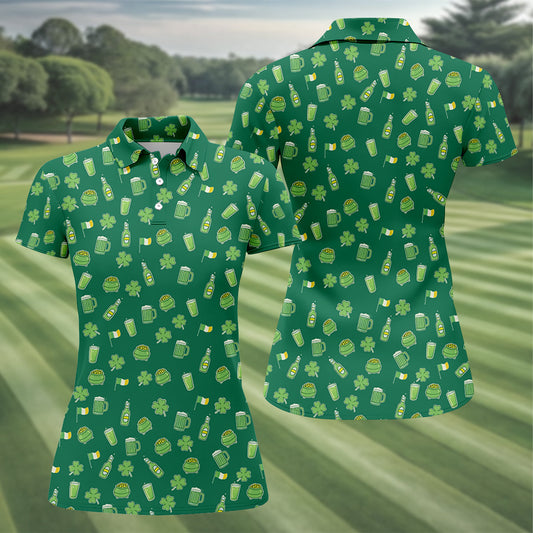 Maxcorners St Patrick's Day Beer Four Leaf Clovers Gold Pots Green Golf Shirt, Women's Golf Tops, Ladies Golf Polos