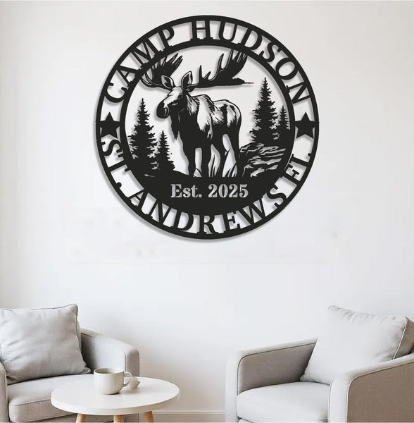Maxcorners Personalized Moose Metal Sign WITH LED/WITHOUT LED - Rustic Cabin Name Sign, Wildlife Wall Art for Lodge, Camp & Outdoor Decor LM0110