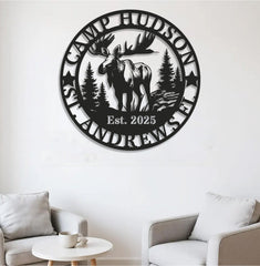 Maxcorners Personalized Moose Metal Sign WITH LED/WITHOUT LED - Rustic Cabin Name Sign, Wildlife Wall Art for Lodge, Camp & Outdoor Decor LM0110