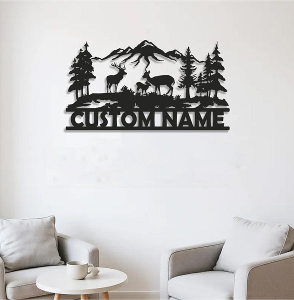 Maxcorners Personalized Deer Family Metal Sign WITH LED/WITHOUT LED - Rustic Cabin Name Sign, Mountain Wildlife Wall Art for Lodge & Outdoor Decor LM0110