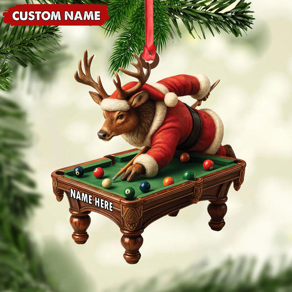 Maxcorners Personalized Acrylic Deer Christmas Ornament â€“ Funny Buck Playing Pool in Santa Outfit Holiday Decor LM0110