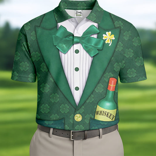 Maxcorners St Patrick's Day Green Shamrock Suit Whiskey Golf Print Golf Shirt, Polo Shirts For Men, Golf Shirts For Men