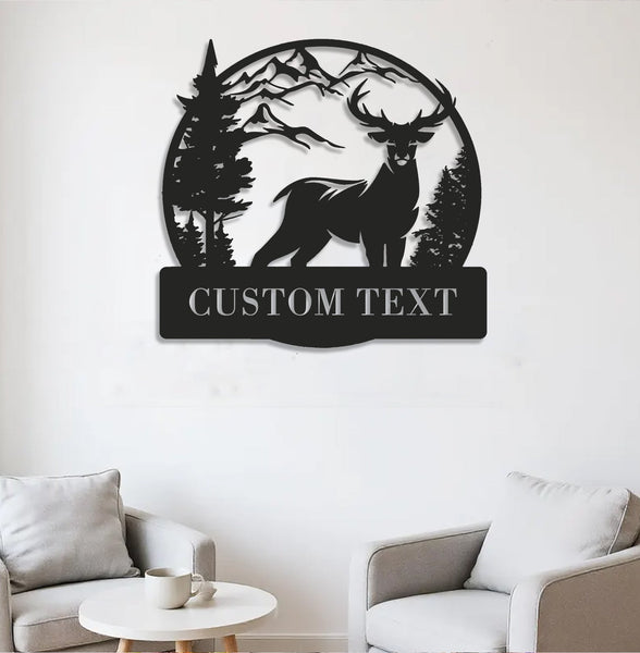 Maxcorners Personalized Deer Hunting Metal Sign WITH LED/WITHOUT LED Light Mountain Scene Custom Text Rustic Wall Art Gift LM0110