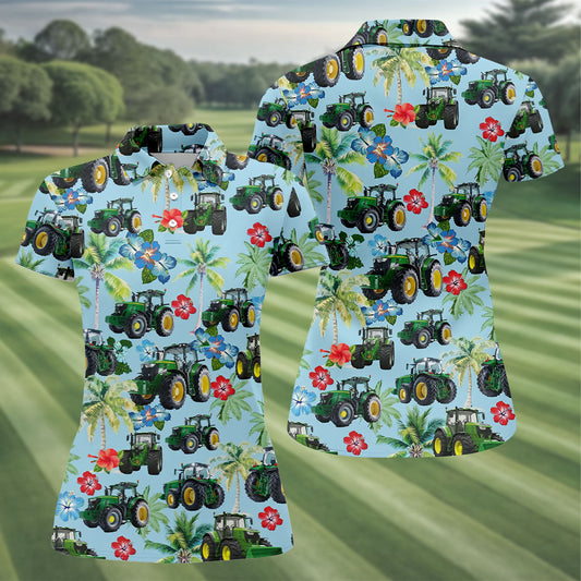 Maxcorners Vintage Tractor Palm Tree Golf Shirt, Women's Golf Shirt, Hawaiian Golf Shirt, Golf Polo For Women LM1507