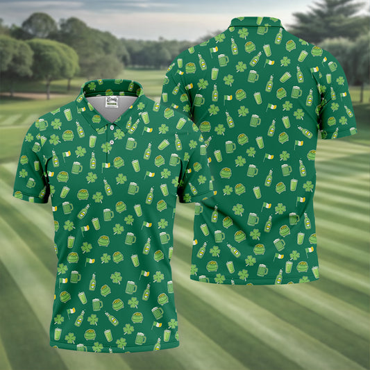 Maxcorners St Patrick's Day Beer Four Leaf Clovers Gold Pots Green Golf Shirt, Polo Shirts For Men, Golf Shirts For Men