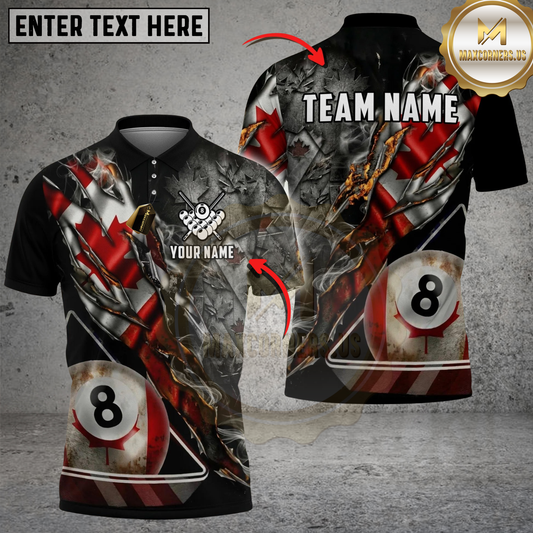 Maxcorners Billiards 8 Ball Canadian Flag Ripped Claw Personalized Shirt