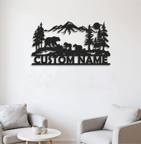 Maxcorners Personalized Bear Family Metal Sign WITH LED/WITHOUT LED - Mountain Cabin Name Sign, Rustic Wildlife Wall Art for Lodge & Outdoor Decor LM0110