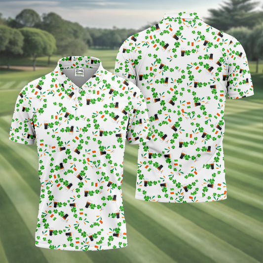 Maxcorners Dark Stout Beer St Patrick's Day Shamrocks White Golf Shirt, Polo Shirts For Men, Golf Shirts For Men