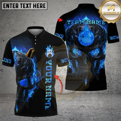 Maxcorners Bowling And Pins Flame Skull Light Pattern Customized Name, Team Name 3D Shirt (4 Colors)